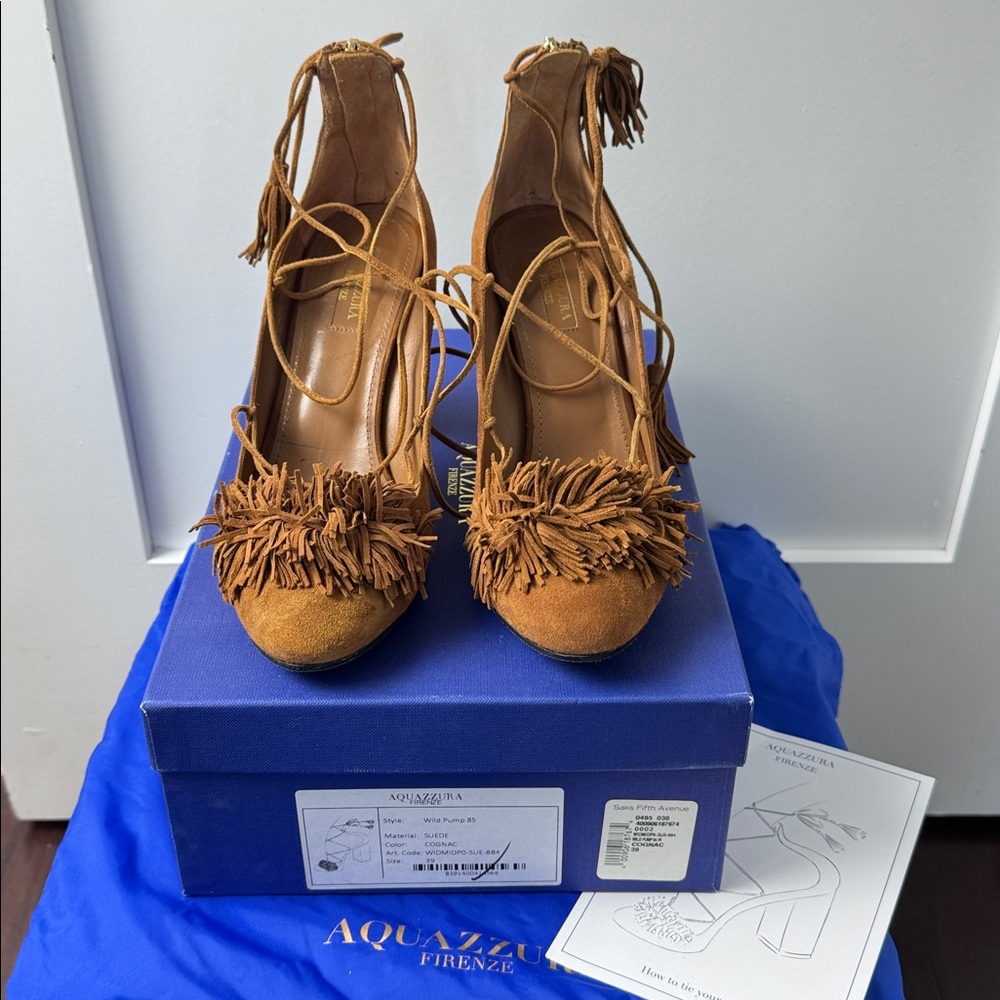 Aquazzura Tan Suede Fringe Lace-Up Heels